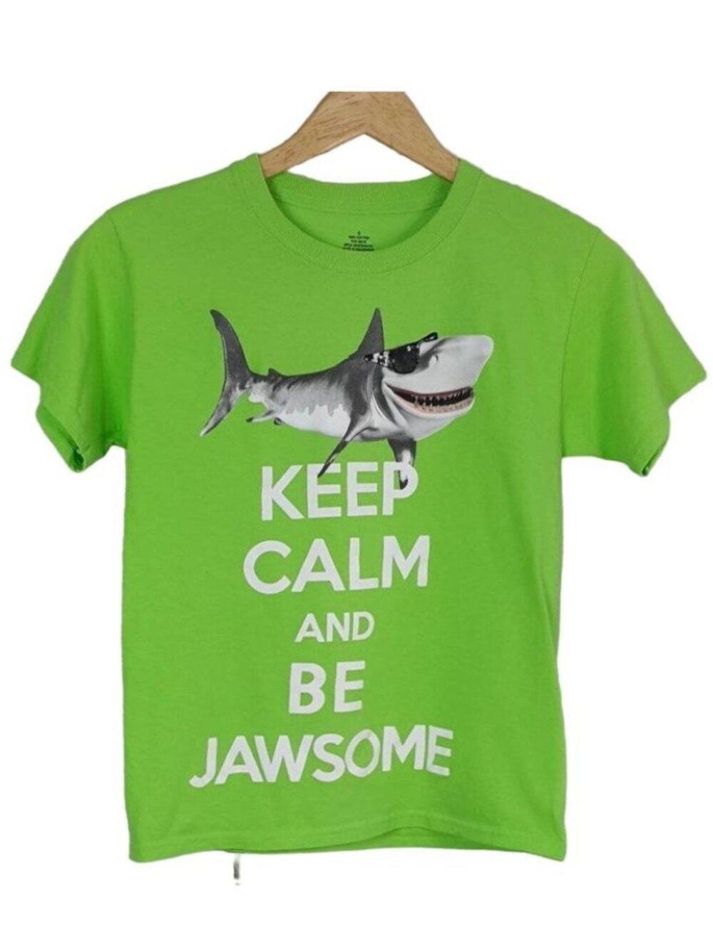 Kids Keep Calm & Be Jawsome T Shirt Green Small Shark Short Sleeve Cotton Unisex